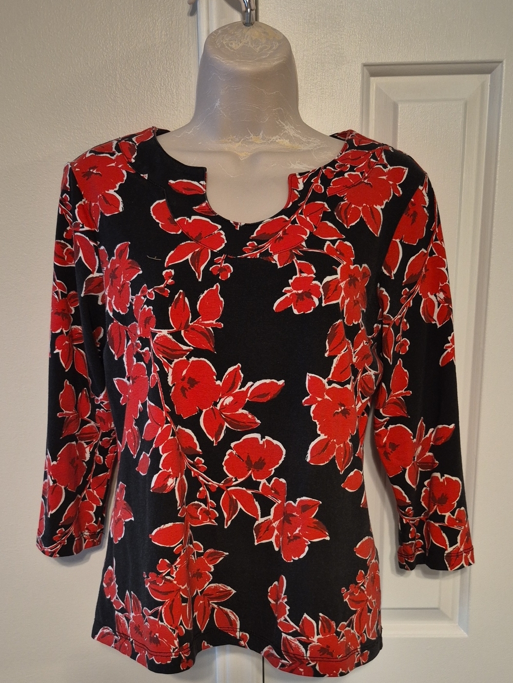 Ruby Rd. Black and Red 3/4-Sleeve Top with Red Floral Print